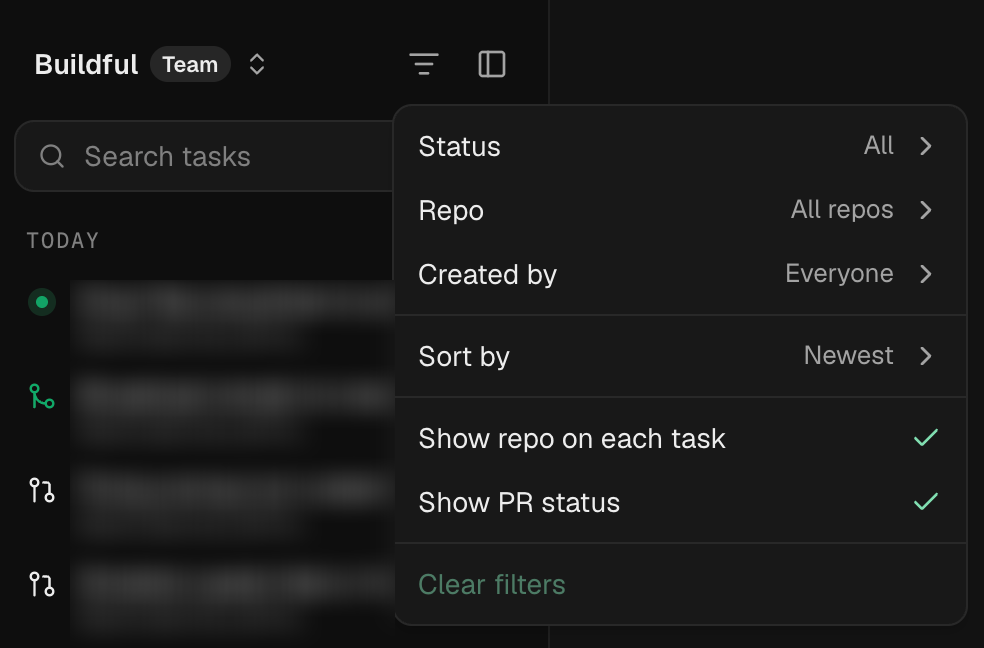 The Buildful task list with its filter menu open, showing Status, Repo, Created by and Sort by.