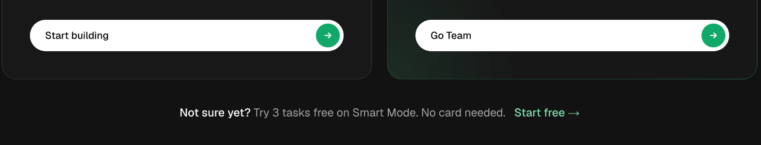 The Buildful pricing page offering 3 tasks on Smart Mode with no card needed.
