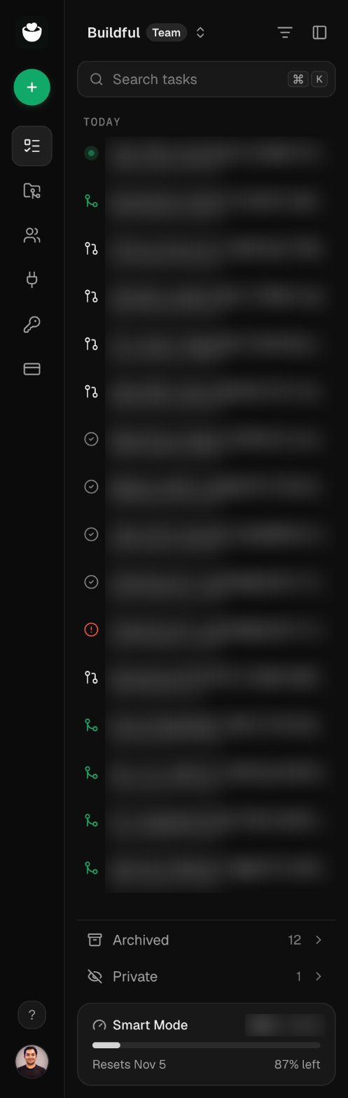 The Buildful sidebar, with an icon rail on the left and the task list beside it.