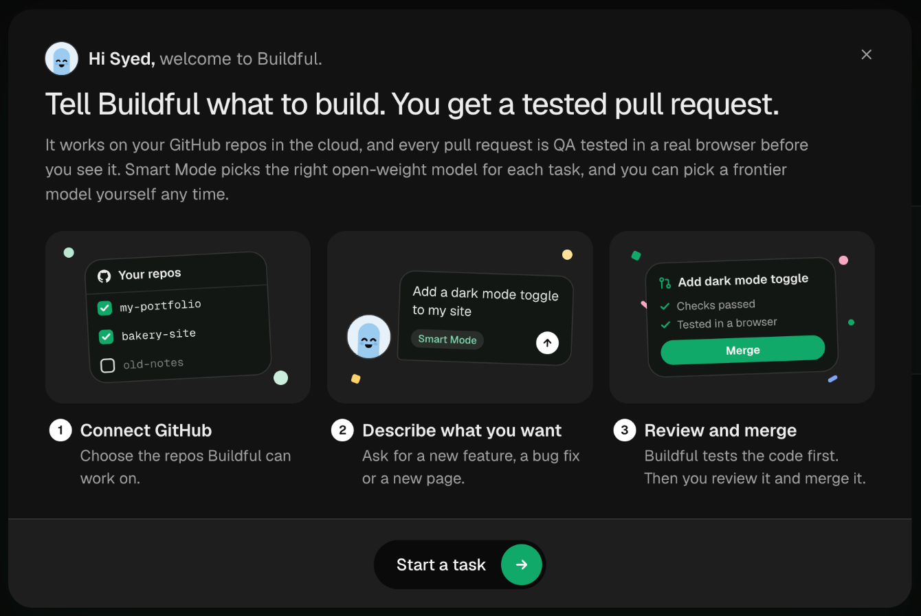 The Buildful welcome guide in three steps: connect GitHub, describe what you want, then review and merge.