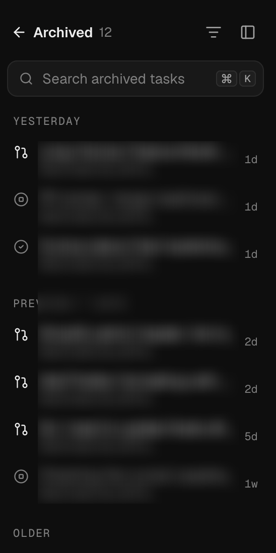 The Archived list in the Buildful sidebar, grouped into Yesterday and Previous 7 days.
