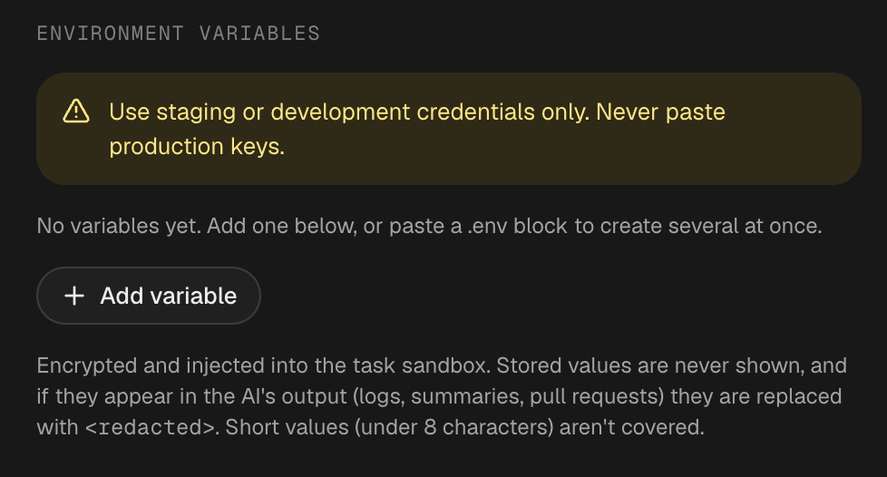 The Environment variables section of a repo's settings, which explains that values appearing in the AI's output are redacted.
