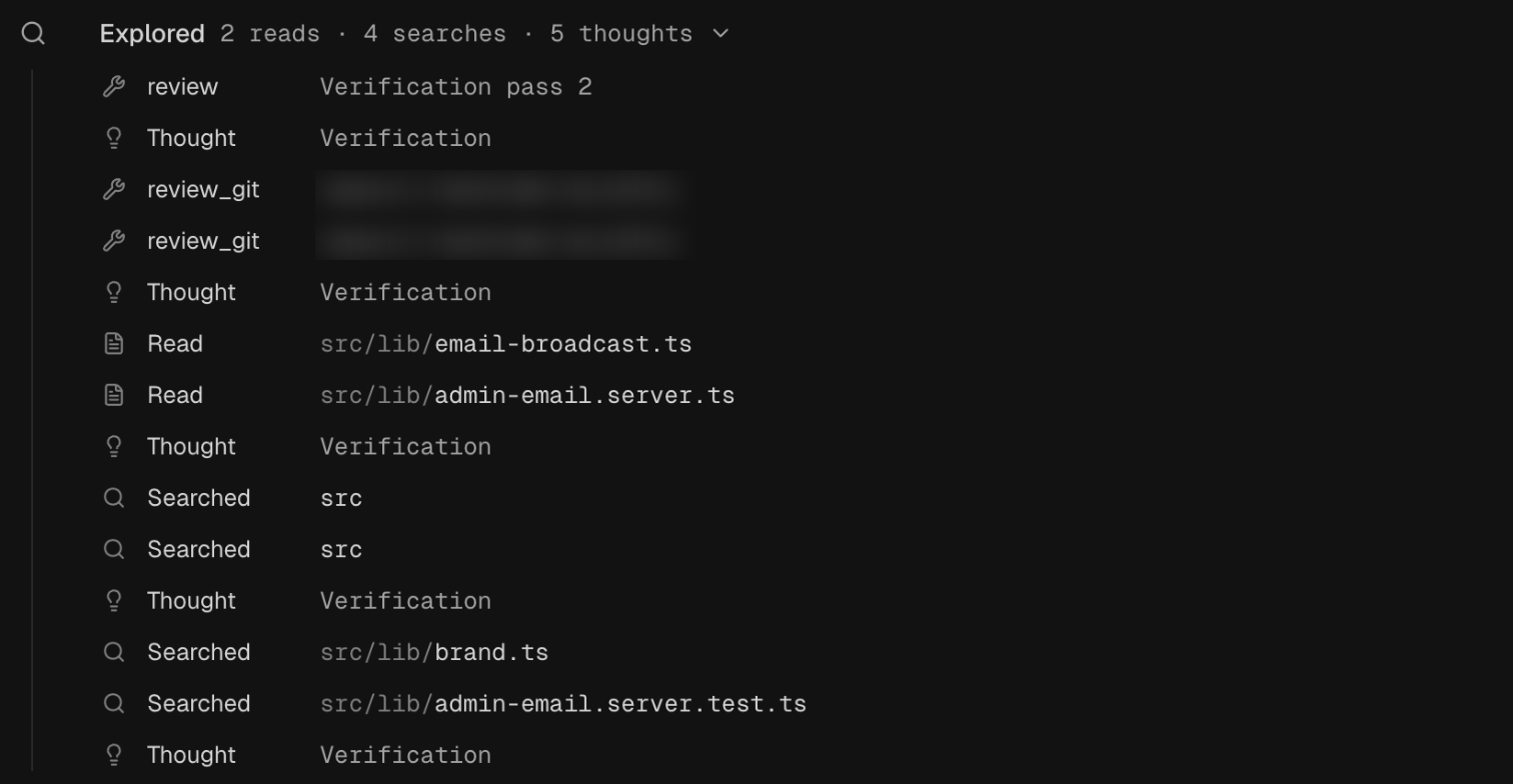 A task's activity log showing Verification pass 2, with the reviewer's reads and searches inside it.