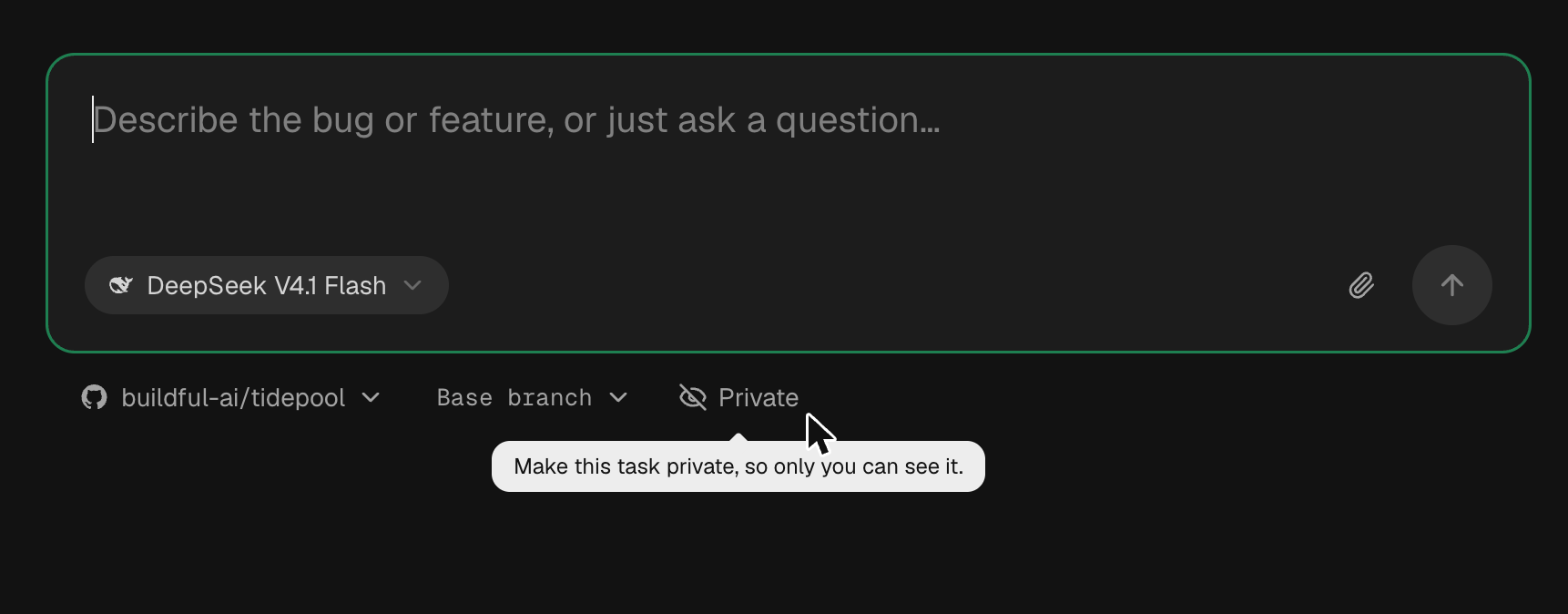 The Private toggle under the Buildful task box, with the tooltip: Make this task private, so only you can see it.