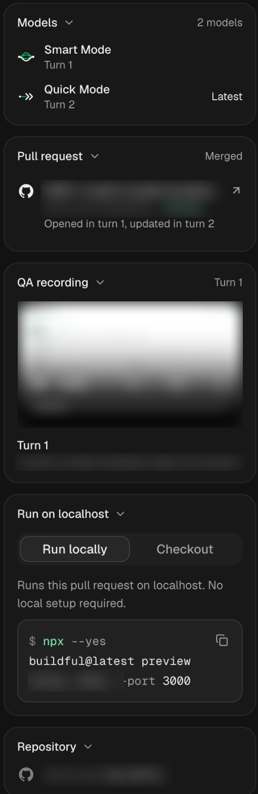 The Results panel beside a Buildful task, showing the models used, the pull request, the QA recording and Run on localhost.