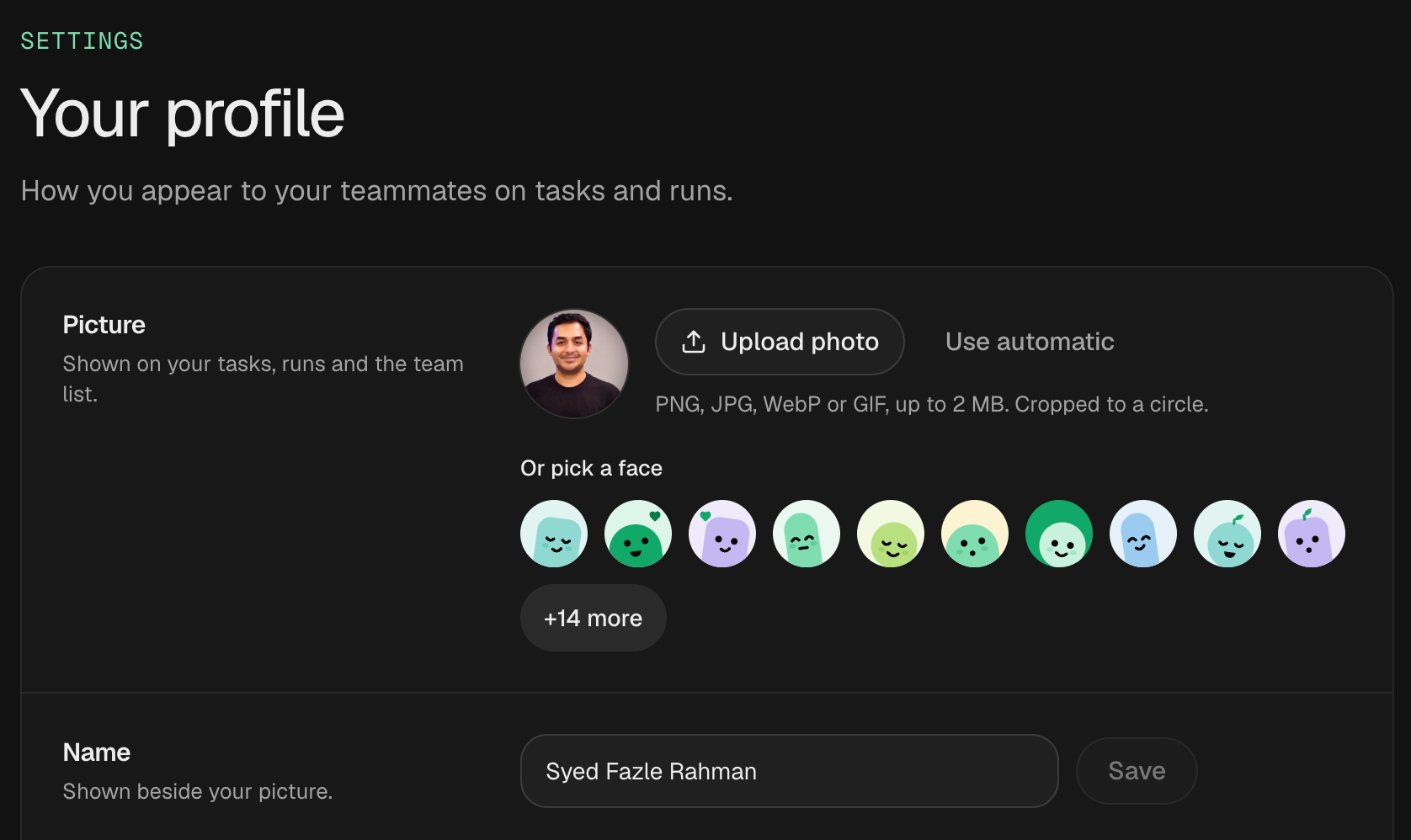 The Buildful profile settings page, where you upload a photo or pick a face and edit your name.