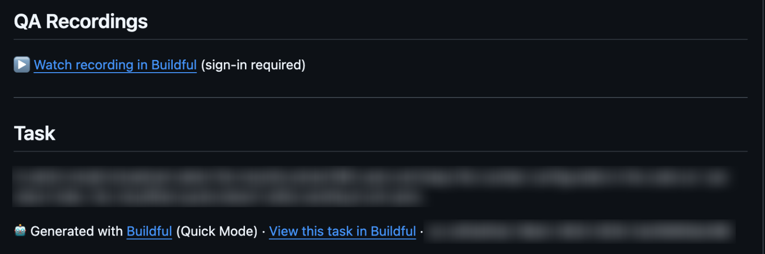 The end of a Buildful pull request description on GitHub, with the link View this task in Buildful.